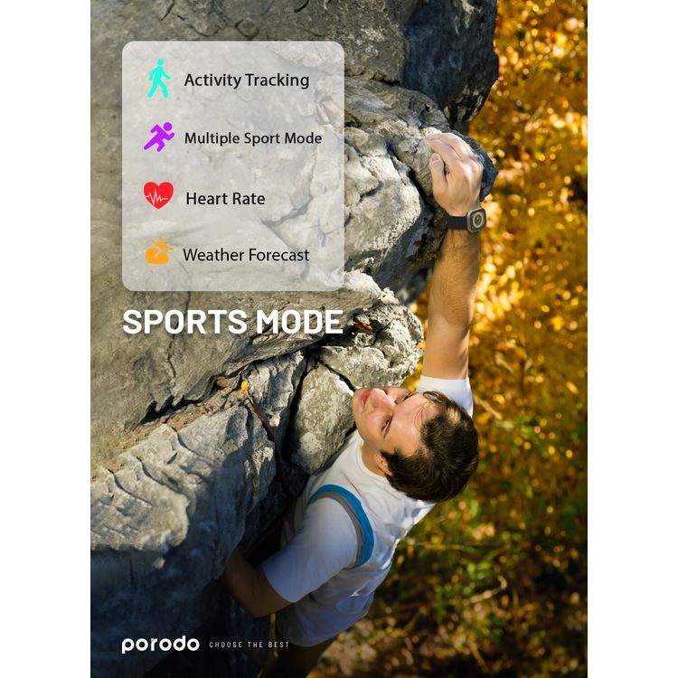 Porodo Ultimo Smart Watch, 2.1", 15 Days Working Time, 3 Hours Charging Time, Bluetooth 3.0 & 5.0, Voice Assistant, Android & iOS Compatible - Black Bezel & Orange Band