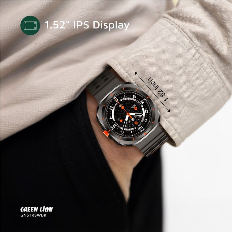 Green Lion Strive Smart Watch with 1.52" IPS Display, Bluetooth Version 5.3, IP65 Waterproof, 5 Days Working Time, Health Monitoring, Sport Modes, 150mAh Battery Capacity, Wireless Charging Type, 2-3 Hours Charging Time, LED Torch, Remote Capture - Black