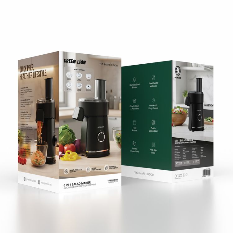 صانع السلطات 6 في 1 من جرين ليون بسعة 900 مل، شفرات من الفولاذ المقاوم للصدأ، قوة 200 وات، قاعدة مانعة للانزلاق، يشمل 6 شفرات للتقطيع، مع ضاغط طعام، غطاء مع قفل أمان، مواد غذائية، طول السلك 1 متر، - اللون: أسود