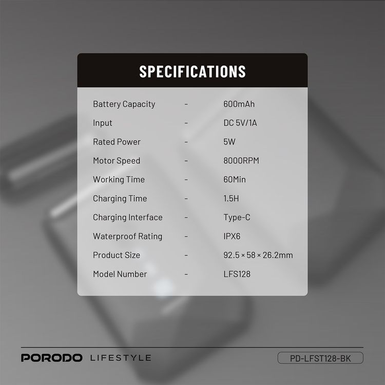 Porodo Lifestyle Dual-Blade Pocket Shaver with Travel Lock, Dual-Blade, Digital Display, Type-C Charging, 600mAh Battery, 8000RPM Motor Speed, Lightweight & Portable - Black