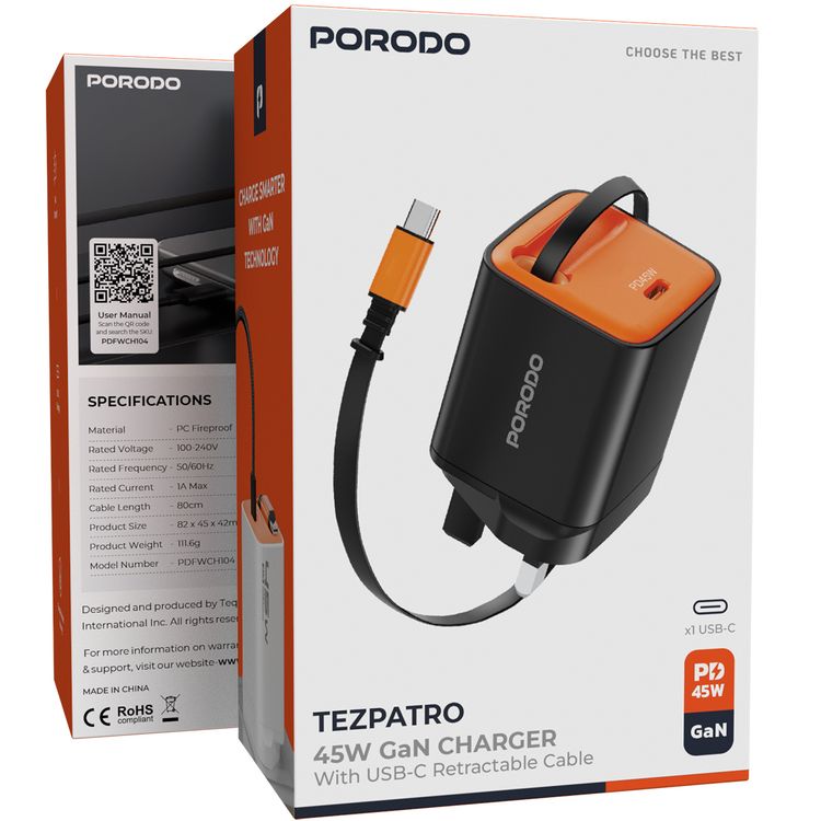 Porodo Tezpatro 45W GaN Charger with USB-C Retractable Cable, 1A Rated Current, 45W Power Delivery, 80cm Cable Length, Flame-Retardant Housing, Fast Charge Support - Black / Orange