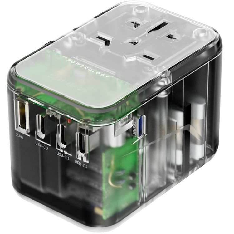 Powerology 65W PD Universal Multi-Port Travel Adapter with Quadruple USB-C Output - Transparent