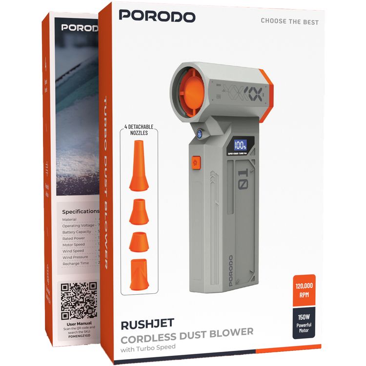 Porodo Rushjet Cordless Dust Blower with 150W Powerful Motor, 4 Speed Levels, Extended Battery Life, Powerful Airflow, ABS Material - Gold / Orange
