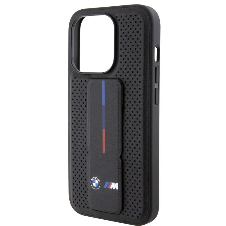 BMW M Grip Stand PU Smooth Leather Case with Perforated Pattern for iPhone 15 Pro Max