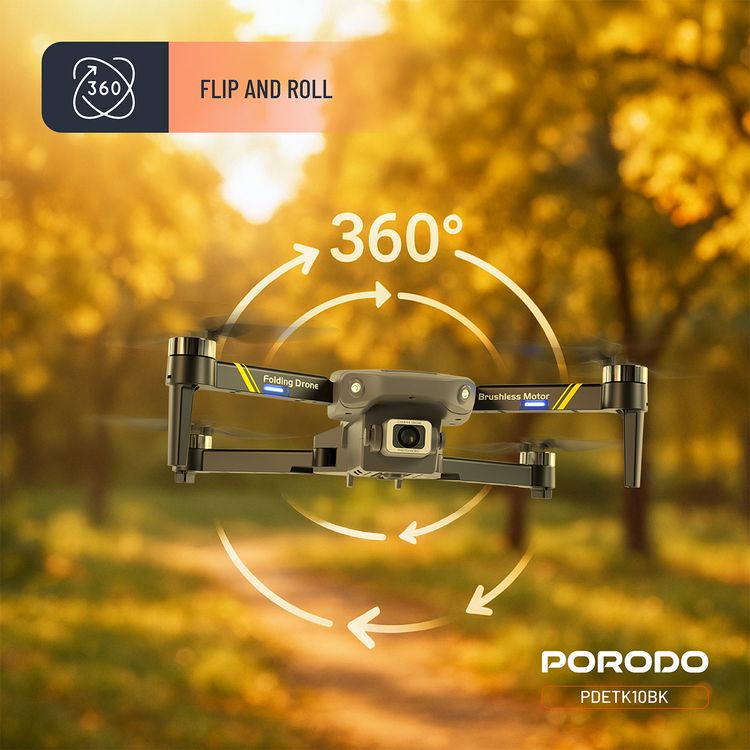 Porodo Aero View Drone with 120m Operational Distance, 360° Flip and Roll, Easy Takeoff & Landing, Up to 12 Minutes Flight Time, 10Km/h Max Speed, 120 Minutes Charging Time - Black 
