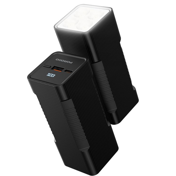 Porodo Lumera 10000mAh Power Bank with Built-in Flashlight, High-Speed Charging, Built-in Safeguards, USB-A & USB-C Output, 350 Lumens Brightness - Black