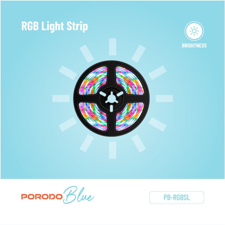 Porodo Blue RGB Light Strip with Sound Reactive Lighting, 5m Length, Jump & Fade Effects, Remote Control - Black
