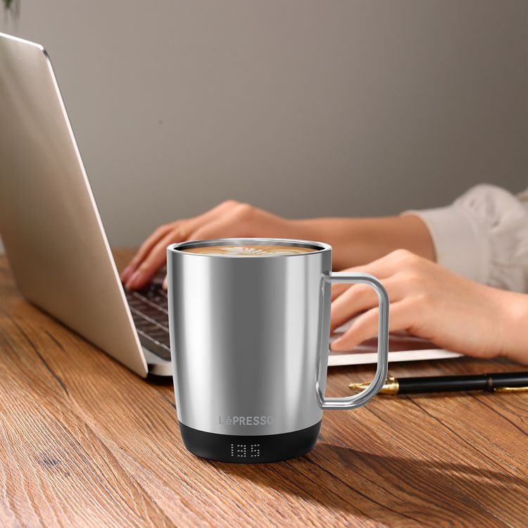 LePresso AURELIO Mug with Temperature Control Base,  IPX7 Waterproof Grade, Type-C Charging Port, Stainless Steel 304 + PC + Ceramic Material, 300mL Capacity - Silver