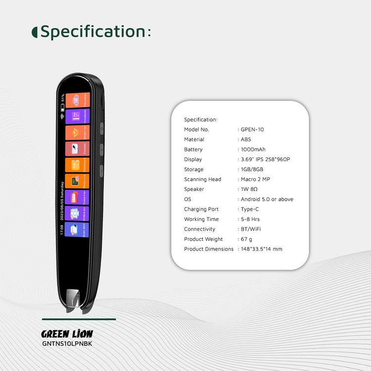 Green Lion Translation Pen with Touch Screen Interface, Photo, Voice & Scan Translation Capability, Bluetooth & Wi-Fi Connectivity, Dictionary & Vocabulary Access, Smart Recording, OCR Technology, Up to 8 Hours Working Time, 142 Languages Supported, Type-C Charging Port - Black