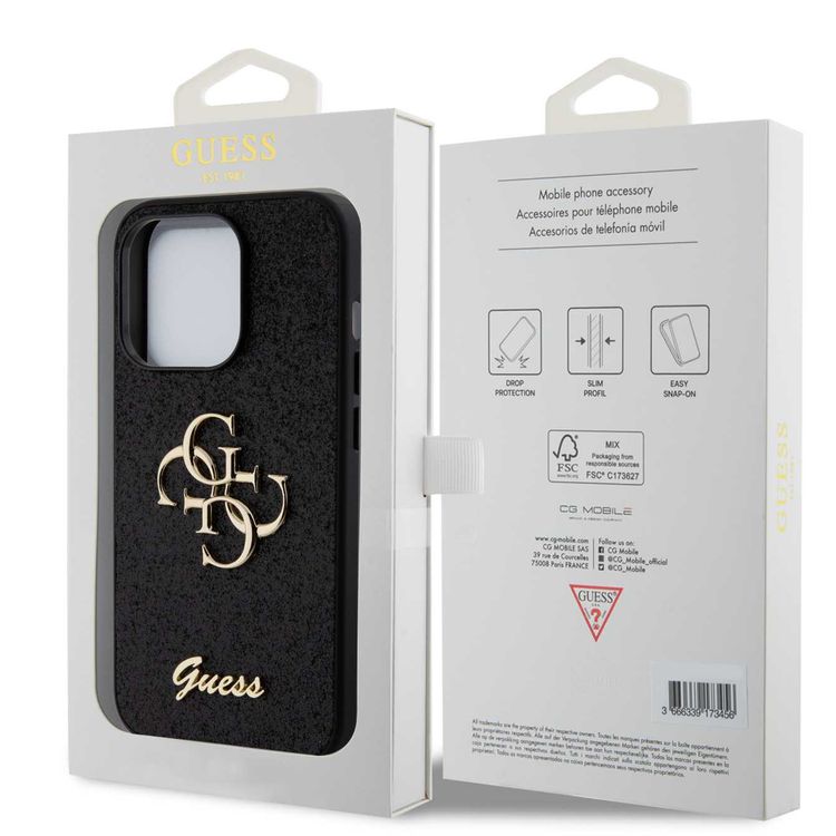 Guess Fixed Glitter Case with Big 4G Logo - Black - iPhone 15 Pro
