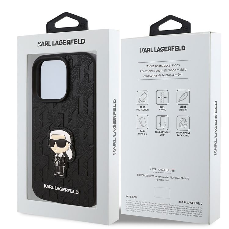 Karl Lagerfeld PU Hard Case for iPhone 16 Pro with Monogram Karl Patch, Drop Protection, Lightweight, Slim Profile, Comfortable Grip, Sustainable Packaging - Black