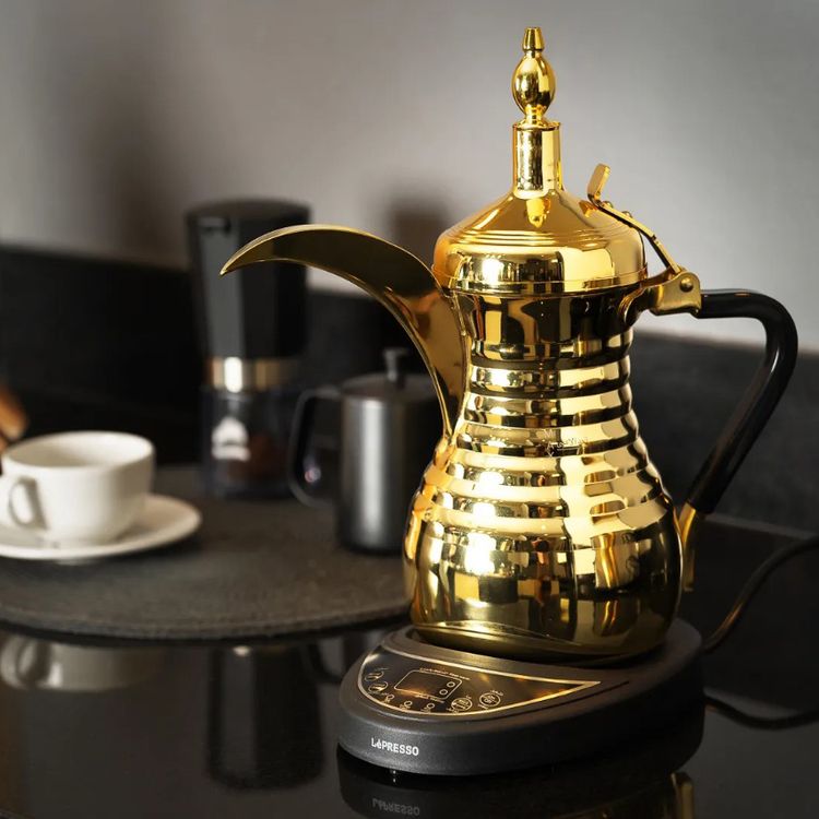LePresso Arabic Coffee & Tea Dallah with 750mL Capacity, 800W Rated Power, Stainless Steel, Over-Heat Protection, Keep Warm Feature - Gold