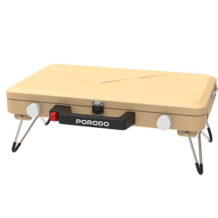 Porodo Dual-Burner Foldable Camping Stove with Instant Electronic Ignition, 2500W Thermal Load, Precision Flame Control, 4.5mm Stainless Steel Cooking Grid, Iron Body with Powder Coating Material - Khaki