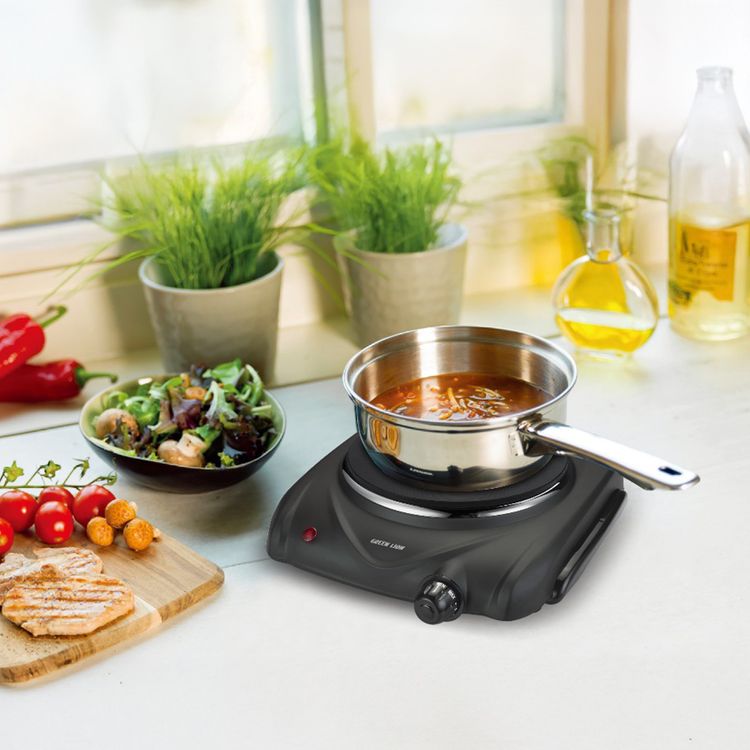 Green Lion Electric Stove with Single Hot Plate, 6 Heating Levels, Anti-Slip Base, Power Indicator, Easy-to-Clean Design, Thermostat Control, Iron & Plastic Material, 50-500° C Temperature Range, 70cm BS Plug - Black
