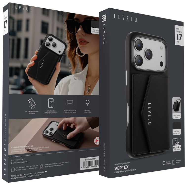 Levelo Vertex PU Leather Wallet Case for iPhone 17 Pro, Shock-Resistant Bumper, Raised Bezels for Camera & Screen, MagSafe Compatible, Drop-Tested, Full-Wrap Leather Build, Detachable Magnetic Wallet - Black