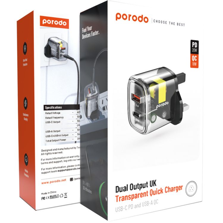 Porodo Dual Output Transparent Quick Charger with 20W Power Delivery, Simultaneous Charging, 18W USB-A Output, 0%-60% Charge in 35 Minutes, Overheat Protection - Black