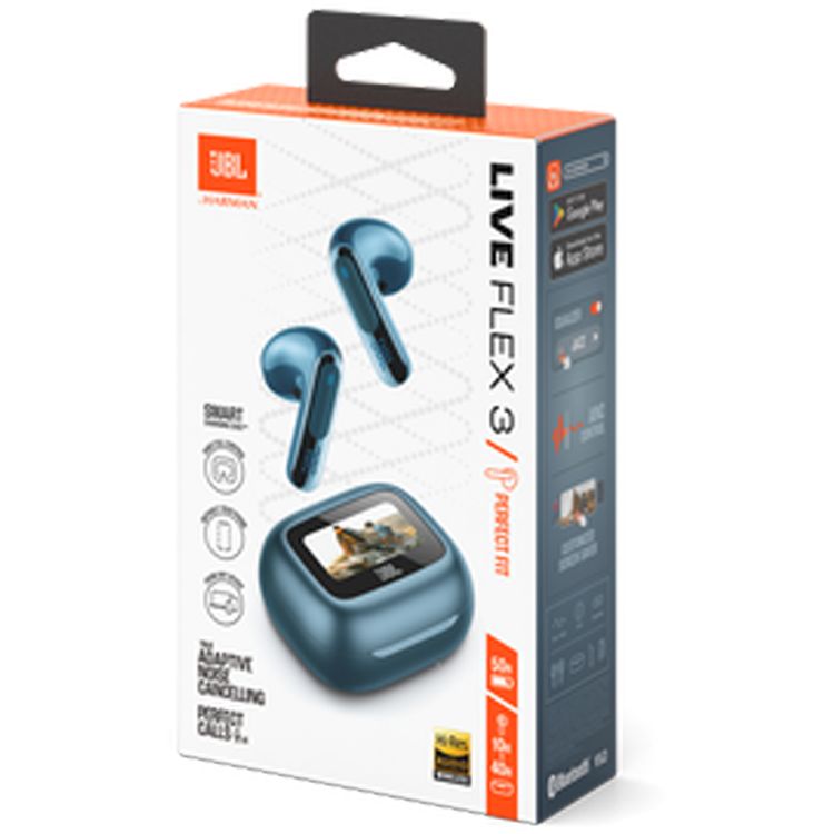 JBL Live Flex3 True Wireless Earbuds with Display, 50 Hours Battery Life, Adaptive Noise Cancelling, Multi-Point Connection, Water and Dust Resistant, 6 Microphones, JBL Spatial Sound - Blue