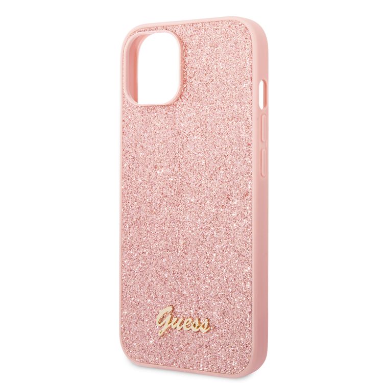 Guess PC/TPU Glitter Flakes Case with Script Metal Logo iPhone 14 Plus Compatibility - Pink