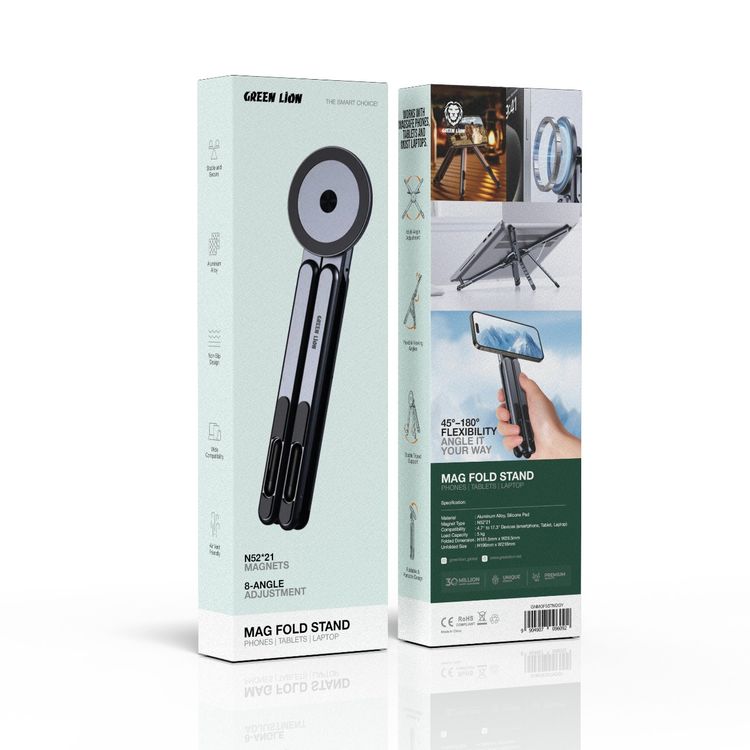 Green Lion Mag Fold Stand with 8-Angle Adjustment, Compatible with 4.7"- 17.3" Devices, Up to 5kg Load Capacity, Strong Magnets, Stable Tripod Support, Non-Slip Design - Gray