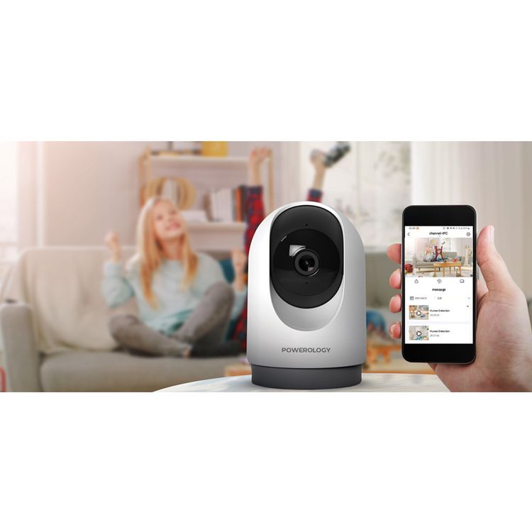 Powerology Indoor PTZ Smart Camera with Human Detection & Motion Sensor, 100° Field of Vision, 3MP Resolution, Pan & Tilt Control, Two-Way Audio - White
