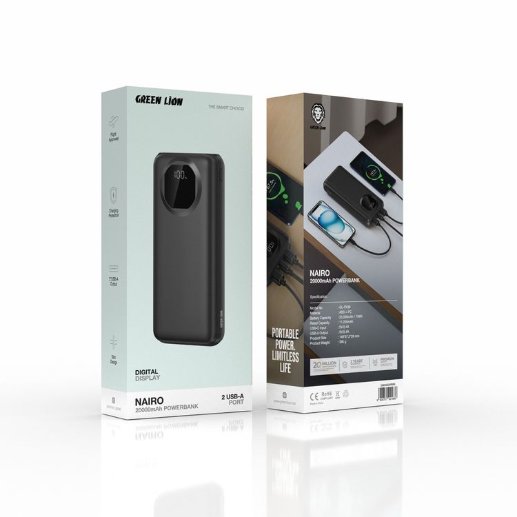 باور بانك جرين ليون نيرو بسعة 20000 ميلي أمبير مع منفذ USB-C ومنفذين USB-A، مصنوع من مادة ABS وPC، معتمد للطيران، تصميم نحيف ومحمول، سعة فعلية 11200 ميلي أمبير، حماية عند الشحن، شاشة رقمية - أسود.