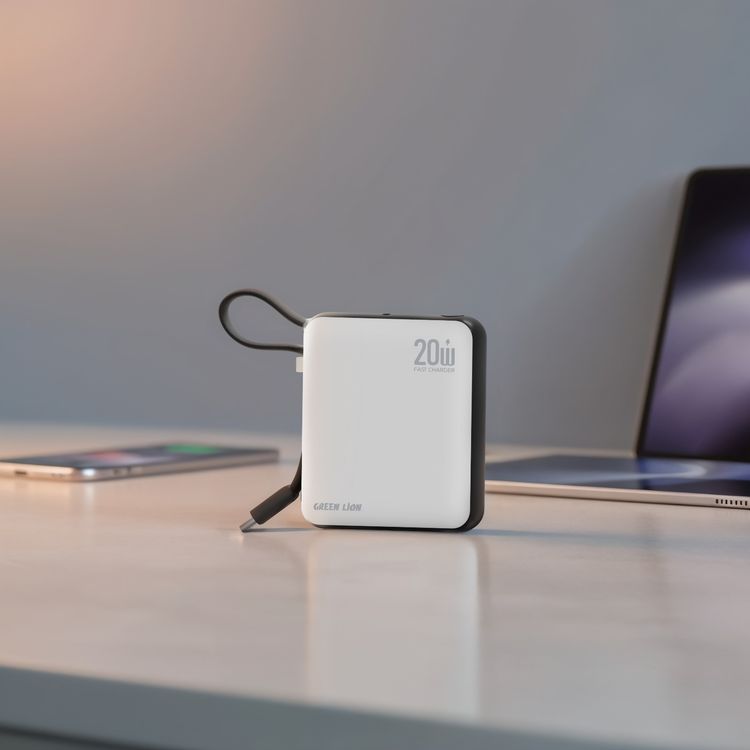 Green Lion Nuru 10000mAh Power Bank with PD 20W Fast Charging, Safety Protections, Slim Compact Design, Flight Approved, 2-in-1 Cable & Lanyard Included - White