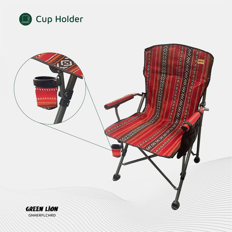Green Lion Heritage Foldable Chair with Cup Holder, 600D Oxford Fabric, 200 kg Max Load,  High-Quality Pipe - Ethnic Red