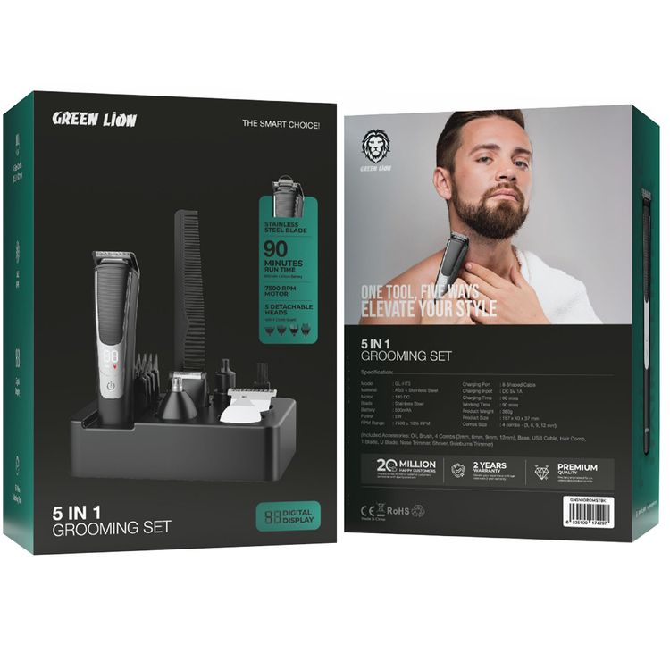 Green Lion 5-in-1 Grooming Set with 5 Detachable Heads, 600mAh Battery Capacity, 7500RPM motor Speed, Up to 90 Minutes Working time, Stainless Steel Blade, LED Digital Display - Black