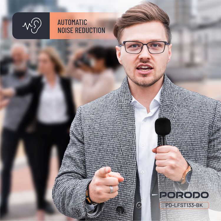 Porodo ميكروفون لاقط متصل بجهازين محمول مع تخفيض تلقائي للضوضاء، يعمل لمدة تصل إلى 12 ساعة، اقتران تلقائي، صوت عالي الجودة، مسافة تطبيق تصل إلى 30 متر - أسود