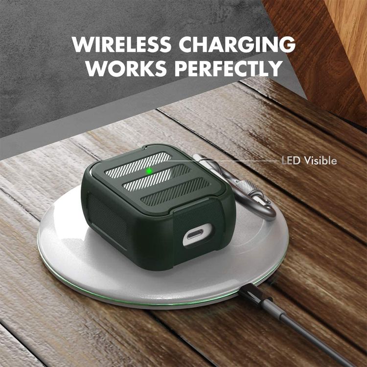 AhaStyle Rugged Armor Premium TPU Case with Anti-Lost Carabiner Compatible for AirPods 1/2, Hard-Shell Protective Cover, Scratch Resistant, Shock Absorption, Drop Protection, & Dustproof Protective Silicone Cover Supports Wireless Charging - Midnight Green