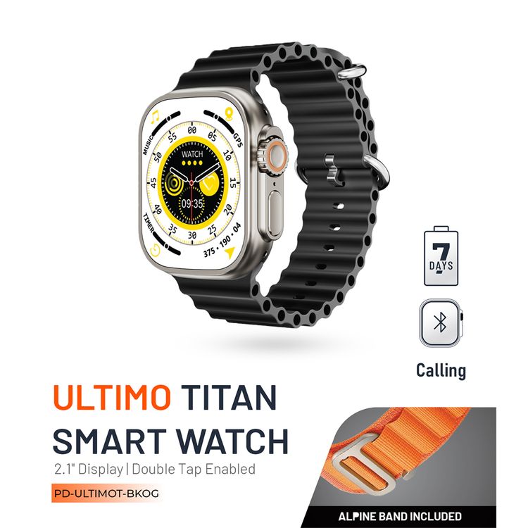 Porodo Ultimo Smart Watch, 2.1", 15 Days Working Time, 3 Hours Charging Time, Bluetooth 3.0 & 5.0, Voice Assistant, Android & iOS Compatible - Titanium Bezel & Black Band