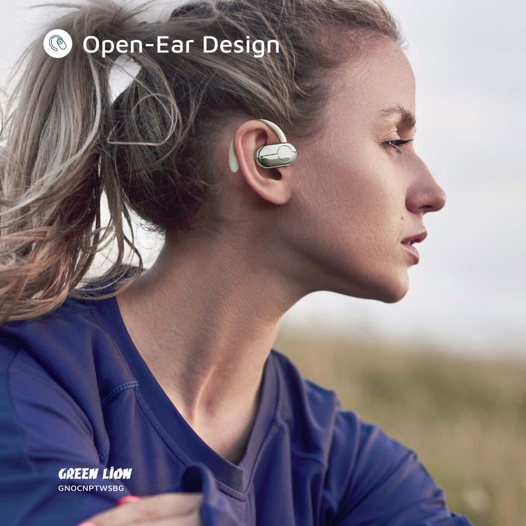 سماعات أذن Green Lion Ocean Plus مفتوحة مع ميكروفون مزدوج ENC، وقت تشغيل يصل إلى 6 ساعات، دوران حر 135 درجة، سعة بطارية علبة شحن 300 مللي أمبير/ساعة، وضع اللعب، زمن انتقال منخفض، وقت استعداد 180 ساعة، مقاومة للماء IPX4 - بيج