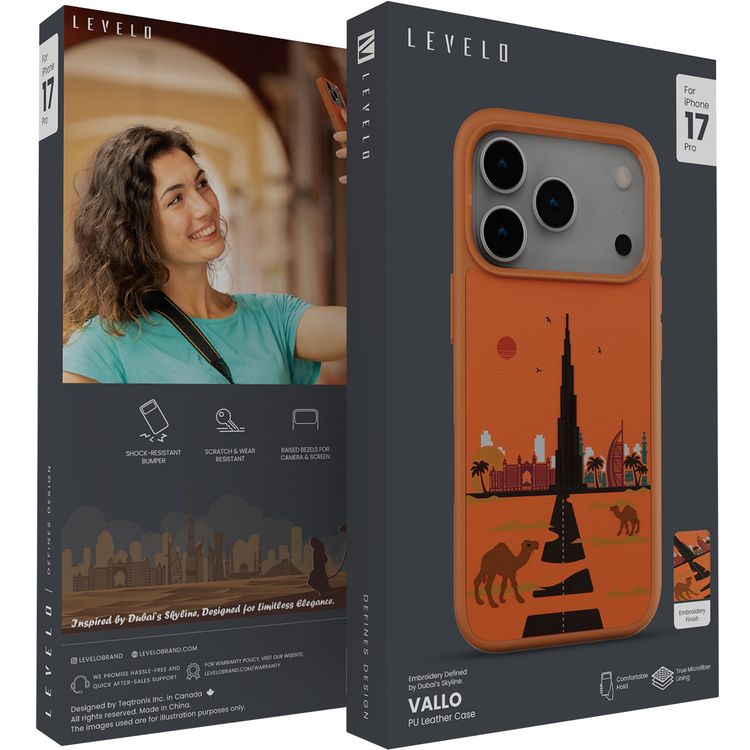 Levelo Vallo PU Leather Case for iPhone 17 Pro with Embroidery Dubai Finish, Comfortable Hold, Durable PU Leather, Raised Bezels for Camera and Screen, True Microfiber Interior Lining, Scratch & Wear Resistant, Shock-Resistant Bumper - Sunrise Orange
