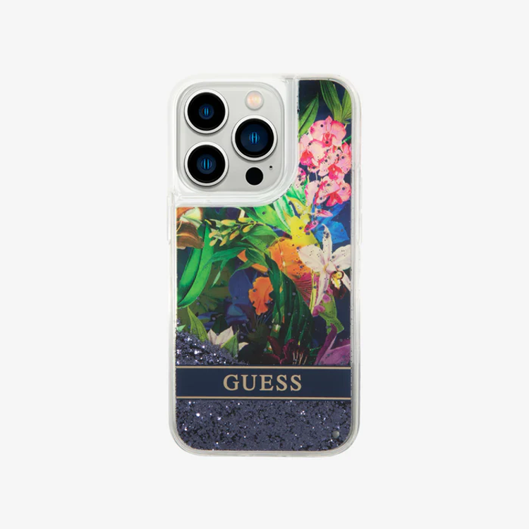 Guess HC Liquid Glitter Case with Flower Pattern  - Blue - iPhone 15 Pro