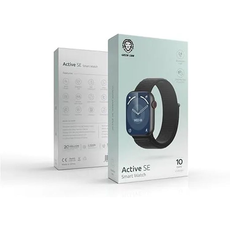 Green Lion Active SE Smart Watch with Full Square Display, 250mAh Battery, Multiple NFC, Waterproof, Bluetooth Call, Heart Rate Tracker, Wireless Charging, Bedside Lamp Mode - Black