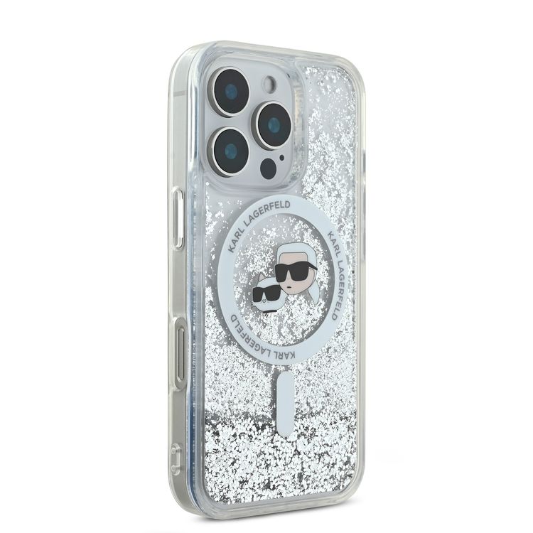Karl Lagerfeld Magsafe Liquid Glitter Hard Case with Karl & Choupette Head for iPhone 16 Pro Max, Drop Protection, Shock Absorption, Precision Cutouts, Sparkling Glitter Design - Transparent