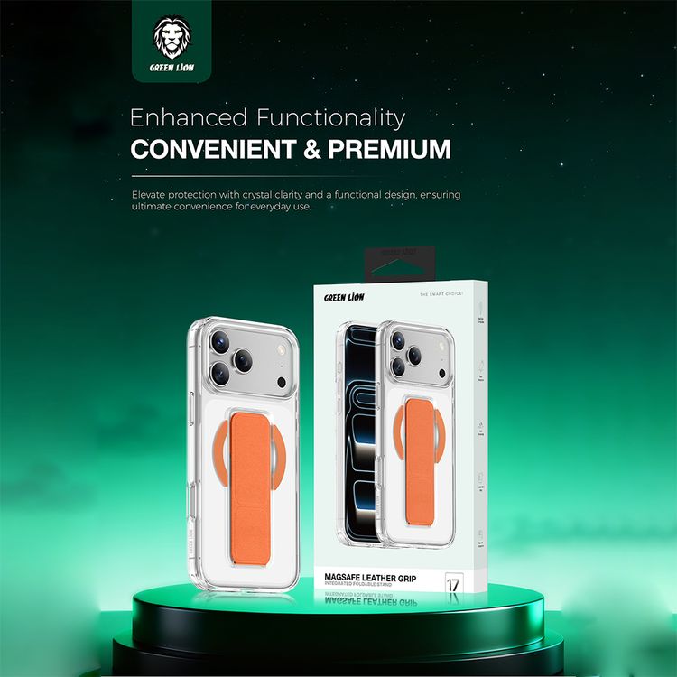 Green Lion MagSafe Leather Grip Case for iPhone 17 Pro Max, Crystal Clear, Scratch Resistance, Leather Grip Strap, Strong Magnets, Military Grade Protection - Orange Titanium