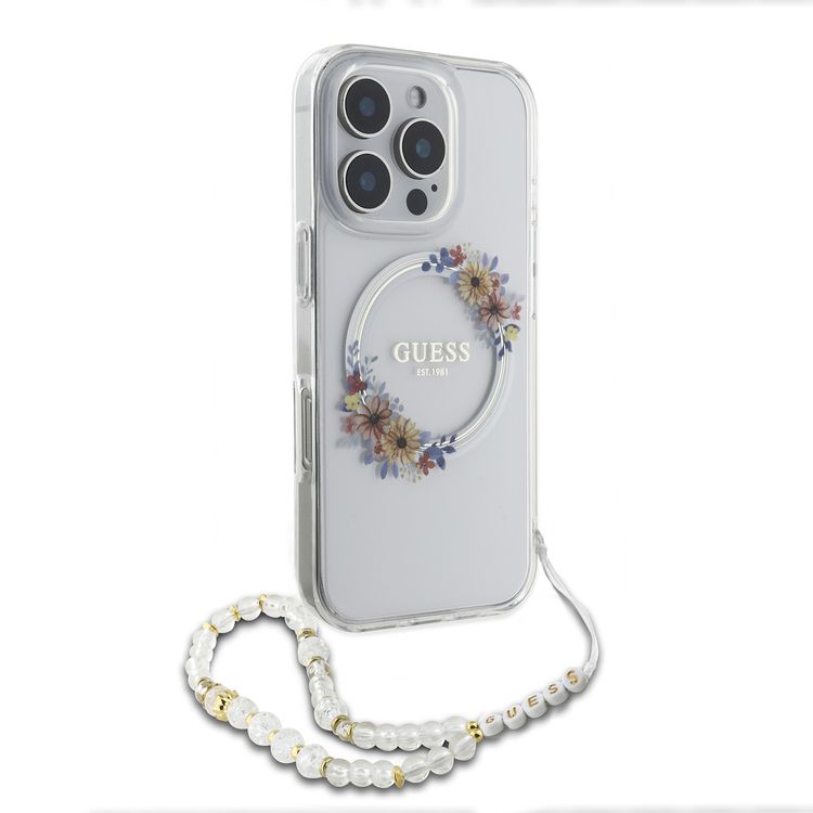 Guess Magsafe IML Hard Case for iPhone 16 Pro with Flower Wreath Design & Pearl Strap, Lightweight, Comfortable Grip, Drop Protection -Clear
