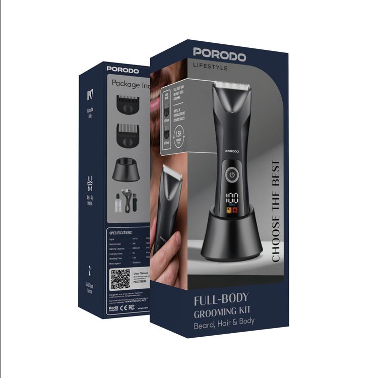 Porodo Lifestyle Full-Body Grooming Kit for Beard, Hair & Body, Dual Speed Control, 2 Comb Heads, 5W Rated Power, 600mAh Battery Capacity, 1.5 Hours Working Time, USB-C & Charging Base Charging Interface, IPX7 Water Resistance Level, Ceramic Blades Material, Wet & Dry Shaving - Black