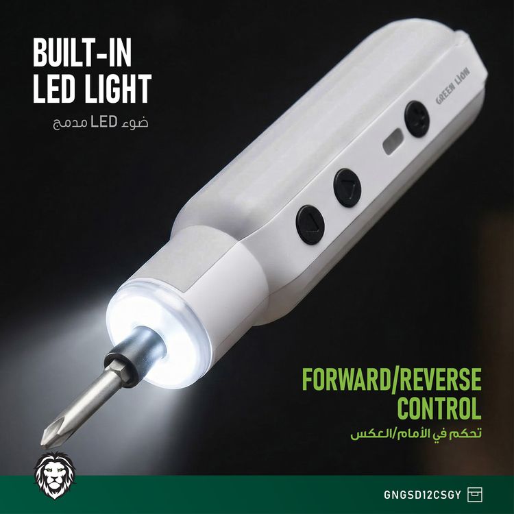 Green Lion GSD-12 Cordless Screwdriver with 12 Pieces Precision Bit Set, 300 RPM No-Load Speed, CR-V Magnetic Bits, USB-C Charging Port, Built-in LED Light, 1/4" Hex Chuck, 3.5N.m Max Torque - Gray