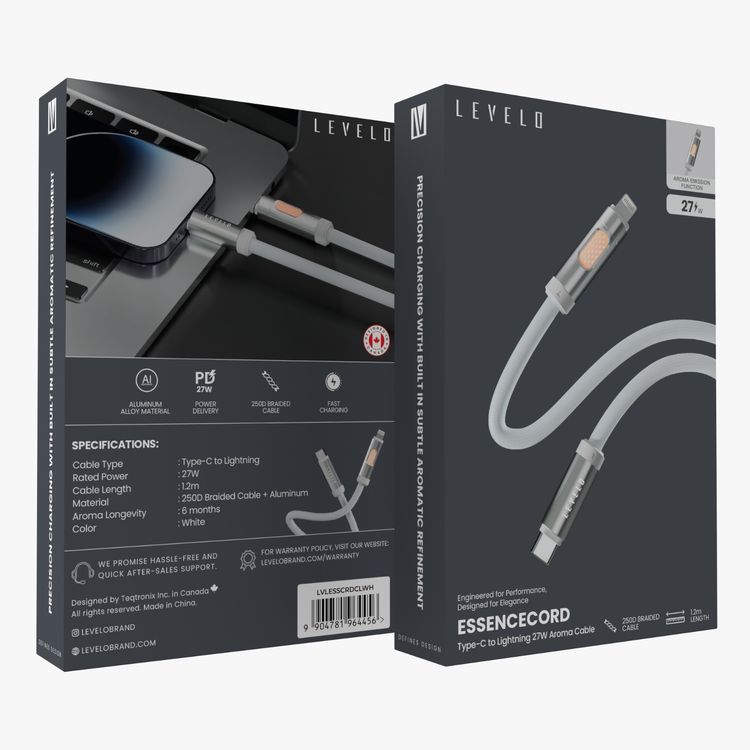 Levelo Essencecord USB-C to Lightning Cable, 27W Power Delivery, Aroma Emission Function with 6 Month Longevity, Fast Charge Support, Tangle-Free Design - White
