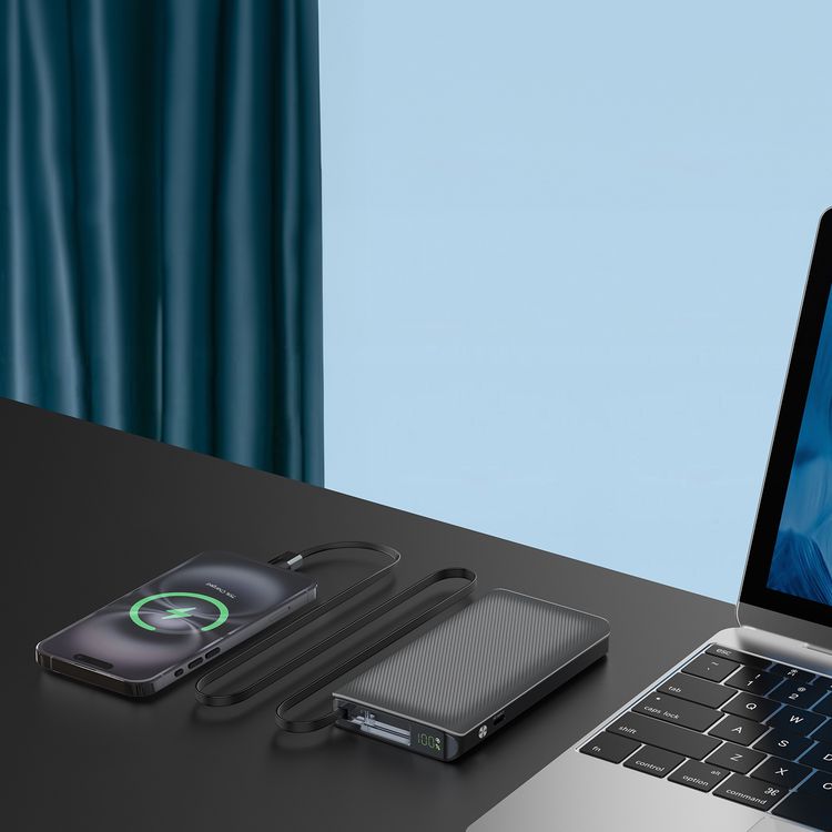 Powerology 10000mAh Retractable Cable Power Bank with LED Display, Lightweight & Portable Design, Fast-Charging, USB-C Input & Output, 2-Device Charging, Patented Design, 22W Power Delivery - Black