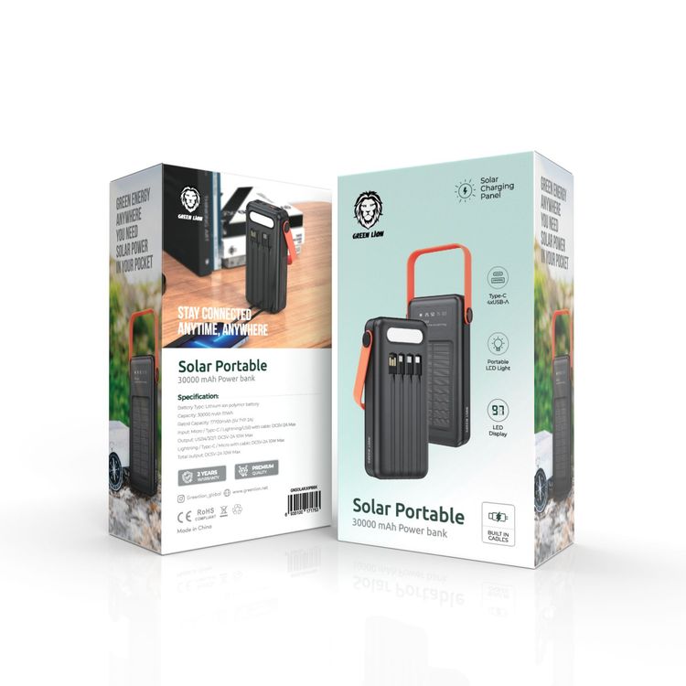 Green Lion Solar Portable Power Bank 30000mAh PD 20W QC3.0 - Black