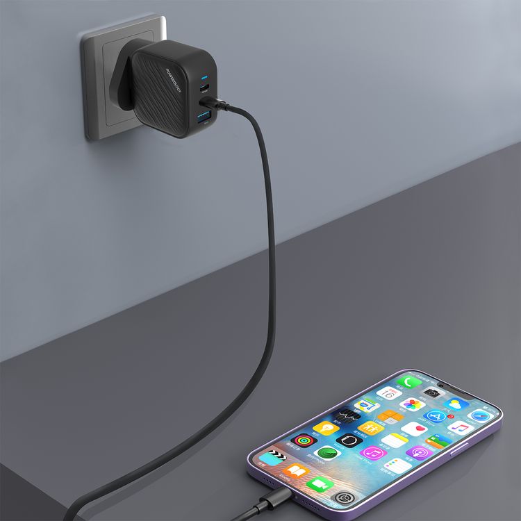 Powerology GaN Ultimate Dual PD Wall Charger with 65W Power Delivery, Compatible with Laptops, Quick Charge 3.0, Built-in Safeguard - Black
