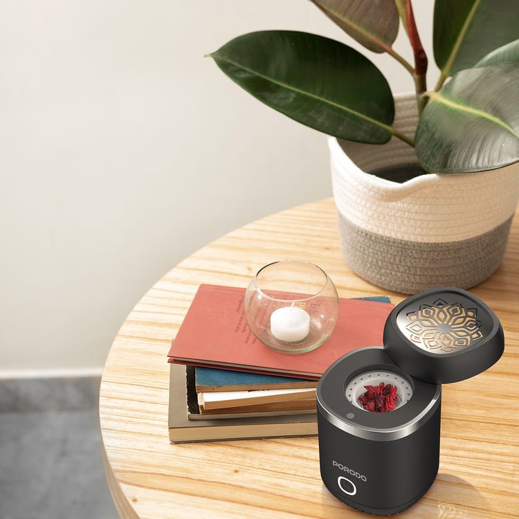 Porodo Dreams Mini Incense Burner with Auto-Off Safety Feature, Full Burning Session, Type-C Charging, Whisper-Quiet Operation, Wide Area Coverage, 1800mAh Battery Capacity - Black