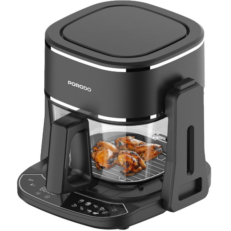 قلاية هوائية وشواية من بورودو لايفستايل بتصميم مزدوج مع 8 وظائف مبرمجة مسبقًا، سعة 4.5 لتر، حاوية زجاجية مقاومة للحرارة، مؤقت يصل إلى 60 دقيقة، قابس كهربائي ثلاثي الأطراف - لوحة لمسية - أسود