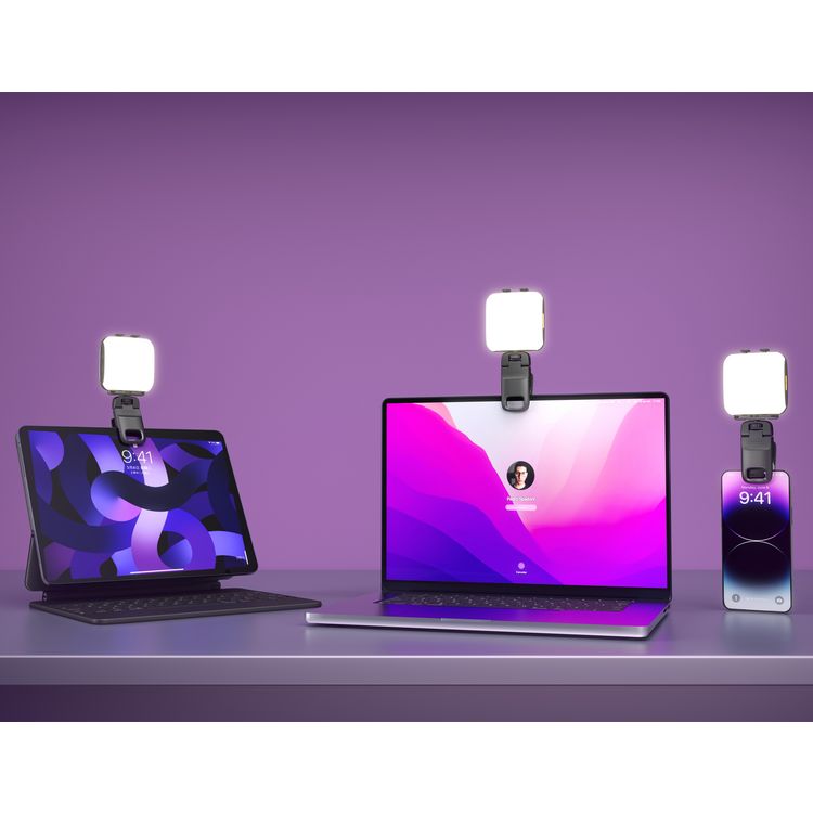 Porodo Lifestyle Clip-On Fill Light with 3 Color Temperatures, 1000mAh Battery Capacity, Up to 24 Hours Working Time, 3 RGB Lights, Wide Compatibility, 4W Power - Black