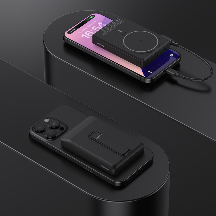 Green Lion Vita  10000mAh Power Bank with Safety Protections, Durable Braided Cable, Detachable Type-C Cable, Strong Magnets, Built-in Stand, MagSafe Compatibility, Ultra-Slim Design - Black