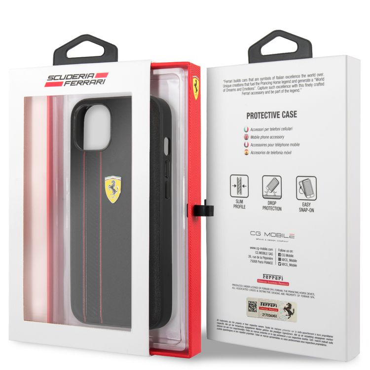 CG MOBILE Ferrari Genuine Leather Hard Case with Debossed Stripes Compatible for iPhone 13 (6.1") Shock & Scratches Resistant, Easy Access to All Ports