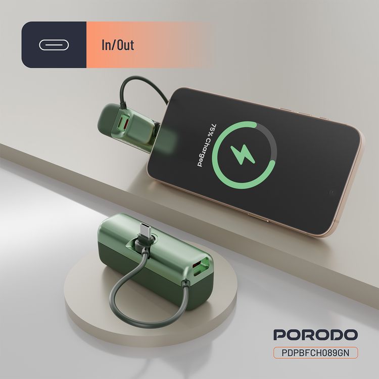 Porodo Pocket Volt 5000mAh Power Bank with Built-in Type-C Connector, 22.5W Power Delivery, Fast Charging Support, Compact Design, 15W Total Output - Green